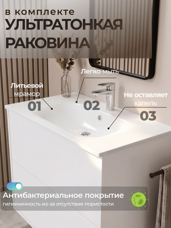 Тумба с раковиной для ванной MEBELVANN ВИНТА 80 см подвесная белая